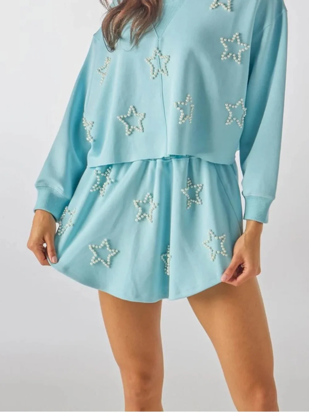 NWT Simply Southern Pearl Star Embellished Cropped Sweatshirt - Light Blue - Picture 5 of 5